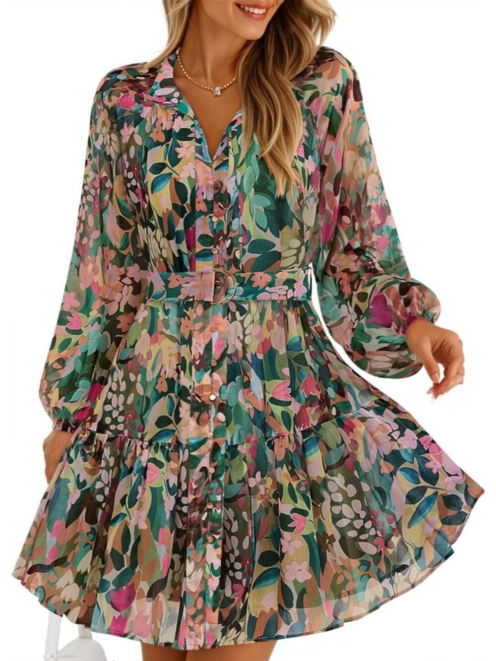 Womens 2026 Fall Long Sleeve Floral Mini Dress